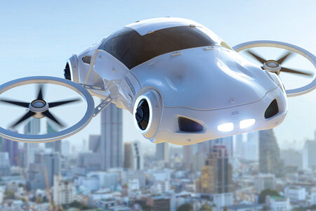 Futuristisches Flugauto schwebt über einer modernen Stadt